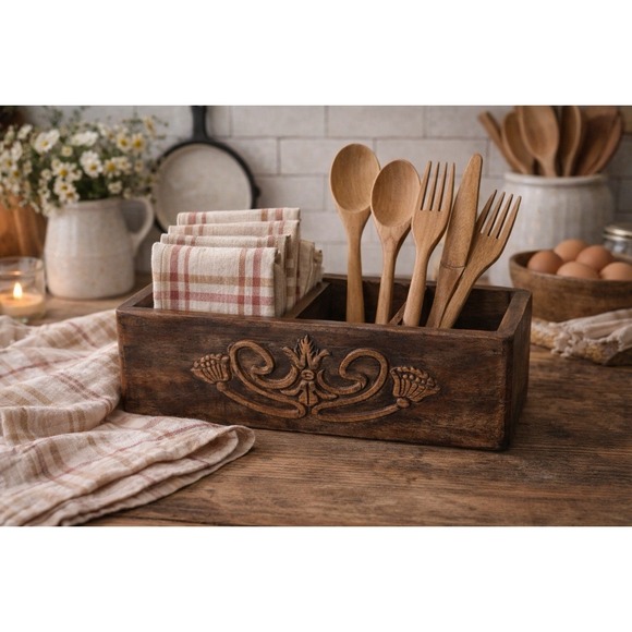 DECOR WALTHER Other - Vintage Carved Wood Box 3 Slot Farmhouse Kitchen Holder/Organizer Rustic Decor